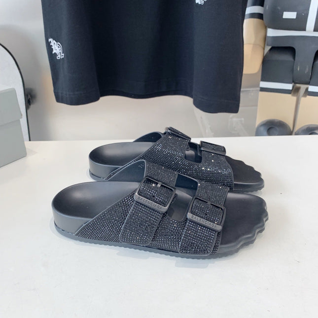 BIRKENSTOCK SLIPPERS ATTACHED RHINESTONES IN BLACK CALFSKIN