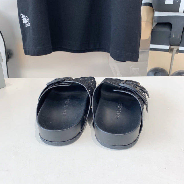 BIRKENSTOCK SLIPPERS ATTACHED RHINESTONES IN BLACK CALFSKIN