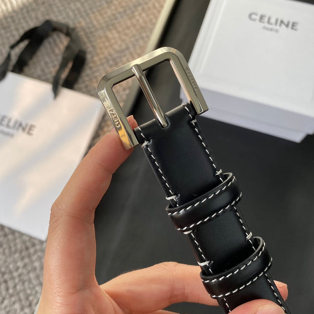 BELT 25MM IN BLACK REVERSIBLE ITALIAN CALFSKIN WITH VINTAGE SILVER BUCKLE WHITE STITCHING