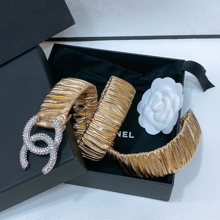 CC ELASTIC BELT 30MM IN GOLD CALFSKIN SILVER HARDWARE WITH RHINSTONES