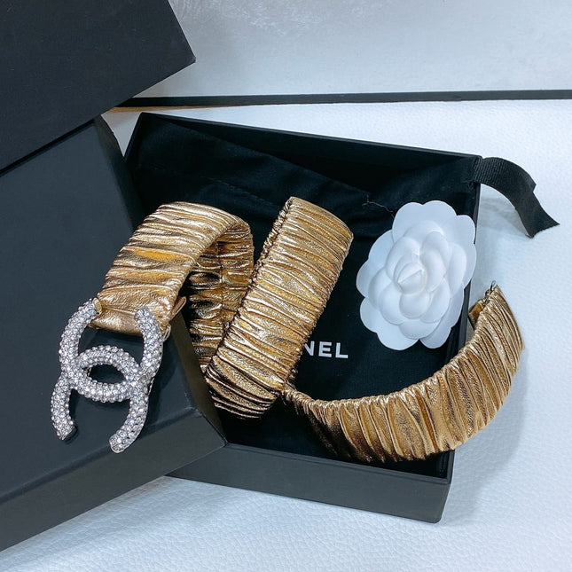 CC ELASTIC BELT 30MM IN GOLD CALFSKIN SILVER HARDWARE WITH RHINSTONES