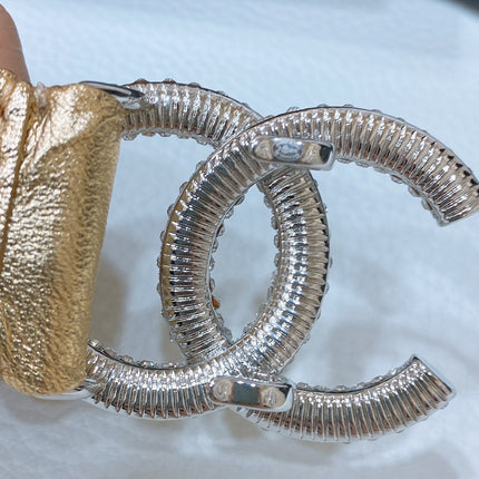 CC ELASTIC BELT 30MM IN GOLD CALFSKIN SILVER HARDWARE WITH RHINSTONES