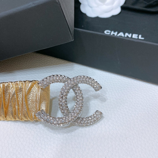 CC ELASTIC BELT 30MM IN GOLD CALFSKIN SILVER HARDWARE WITH RHINSTONES