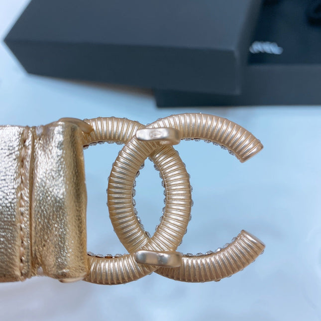 CC ELASTIC BELT 30MM IN GOLD CALFSKIN GOLD HARDWARE WITH RHINSTONES