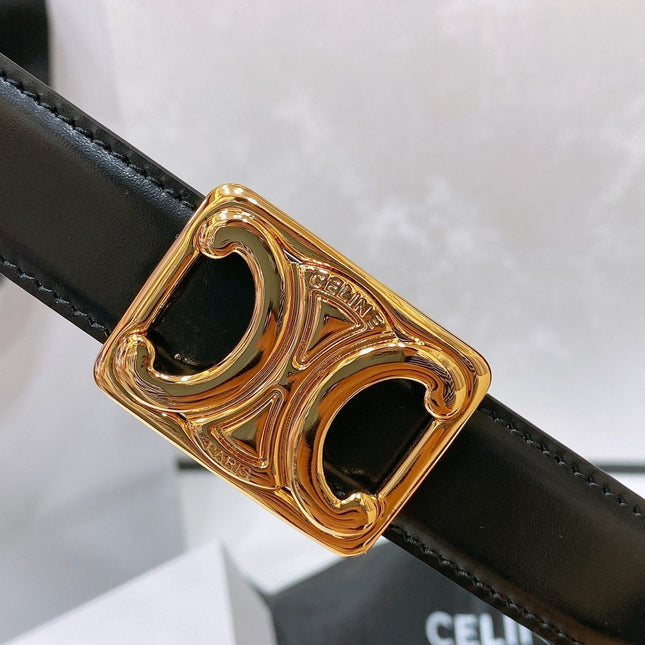 CL MEDIUM 25 MM TRIOMPHE BELT IN TAURILLON AND BLACK CALFSKIN GOLD HARDWARE