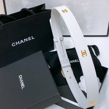 CC 30MM BELT IN WHITE SMOOTH CALFSKIN WHITE MIX BLACK METAL LOGO GOLD HARDWARE