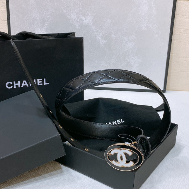 CC 30MM BELT IN BLACK EMBROIDERED CALFSKIN WHITE MIX BLACK METAL LOGO GOLD HARDWARE