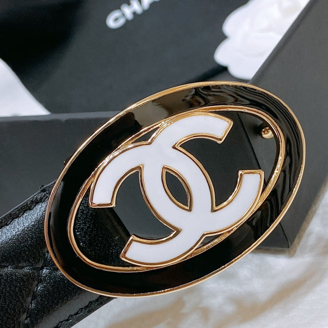 CC 30MM BELT IN BLACK EMBROIDERED CALFSKIN WHITE MIX BLACK METAL LOGO GOLD HARDWARE