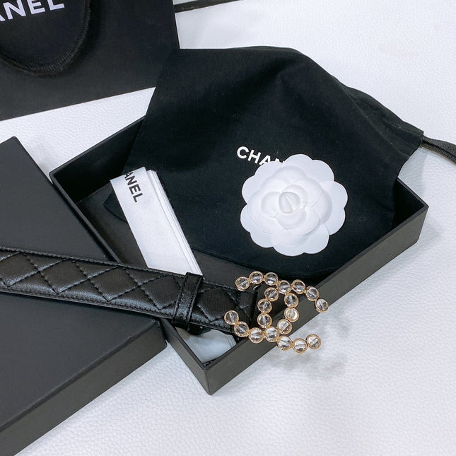 CC BELT 30 MM IN BLACK EMBROIDERED CALFSKIN PEARL LOGO WITH GOLD HARDWARE