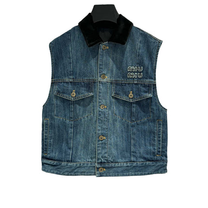 Miu Navy Denim Trucker Vest