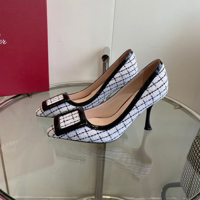 EFFLORESCENCE BALLERINAS PUMPS IN WHITE TWEED WITH FINE BLACK STRIPES EMBELLISHED CRYSTALS