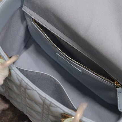 LADY BAG 24 IN BABY BLUE QUILTED MACROCANNAGE CALFSKIN GREEN STRAP