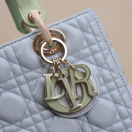 LADY BAG 24 IN BABY BLUE QUILTED MACROCANNAGE CALFSKIN GREEN STRAP