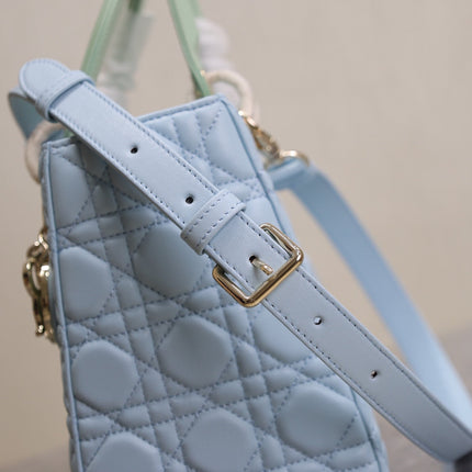 LADY BAG 24 IN BABY BLUE QUILTED MACROCANNAGE CALFSKIN GREEN STRAP