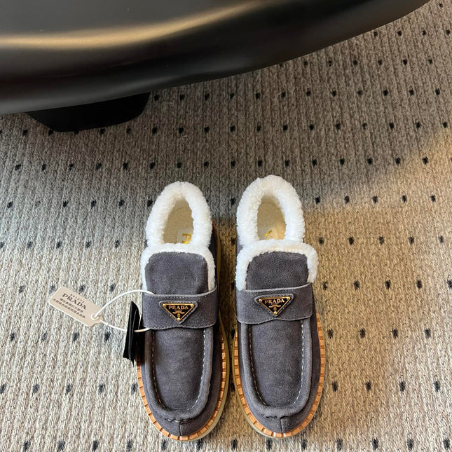PRADA WHITE SHEARLING LOAFERS IN GREY SUEDE