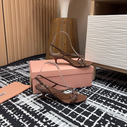 STRAP HIGH HEEL SANDALS IN CHOCOLATE SHINY LAMBSKIN