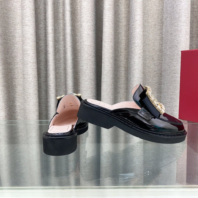 VIV' RANGERS MULES IN BLACK PATENT CALFSKIN CRYSTAL BUCKLE