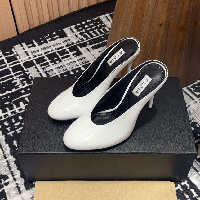 HIGH-HEEL 10 CM MULES IN WHITE PATENT CALFSKIN