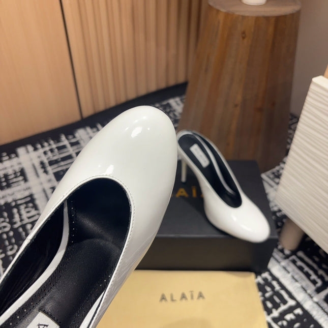 HIGH-HEEL 10 CM MULES IN WHITE PATENT CALFSKIN