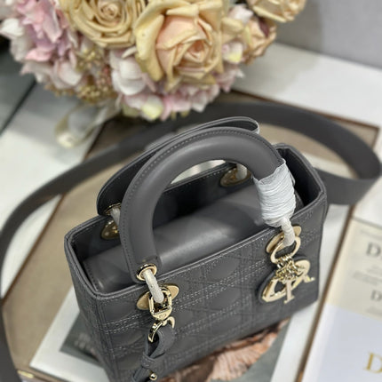 LADY SMALL BAG 20 IN GREY MACROCANNAGE LAMBSKIN GOLD HARDWARE