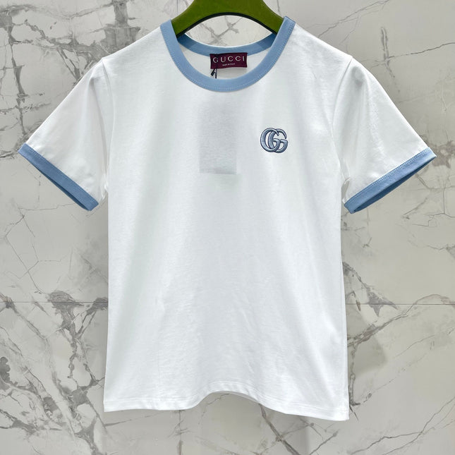 Gucci Embroidered Short Sleeves T-shirt White Blue Cotton
