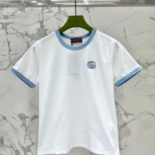Gucci Embroidered Short Sleeves T-shirt White Blue Cotton