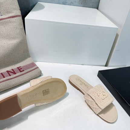 KNIT CAMEL BEIGE FABRIC FLAT SLIDE