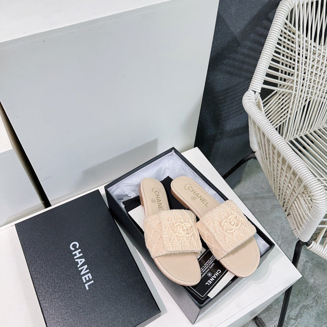 KNIT CAMEL BEIGE FABRIC FLAT SLIDE