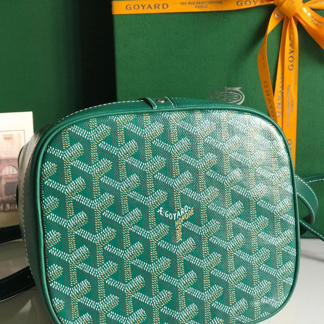 PETIT FLOT BUCKET BAG 22 IN GREEN GOYARDINE CANVAS AND LAMBSKIN TRIM