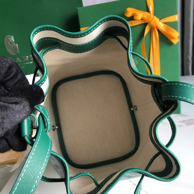 PETIT FLOT BUCKET BAG 22 IN GREEN GOYARDINE CANVAS AND LAMBSKIN TRIM
