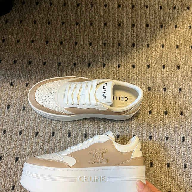 BLOCK SNEAKER WITH TRIOMPHE IN WHITE MIX SAND BROWN CALFSKIN