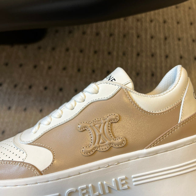 BLOCK SNEAKER WITH TRIOMPHE IN WHITE MIX SAND BROWN CALFSKIN