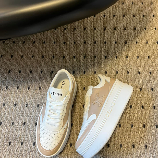 BLOCK SNEAKER WITH TRIOMPHE IN WHITE MIX SAND BROWN CALFSKIN