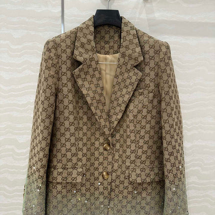 Gucci GG Letter Jacquard Woven Jacket Light Brown Polyester Fiber