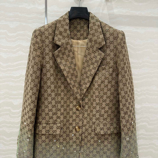 Gucci GG Letter Jacquard Woven Jacket Light Brown Polyester Fiber
