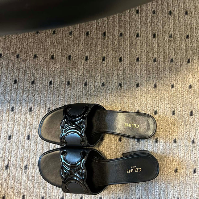 CLEMENCE MULE IN BLACK LAMBSKIN AND PATENT CALFSKIN