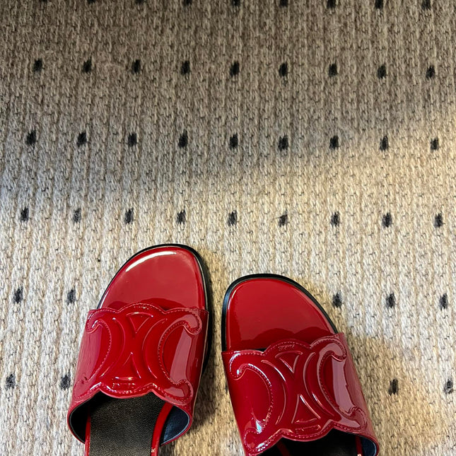 CLEMENCE MULE IN RUBY RED LAMBSKIN AND PATENT CALFSKIN