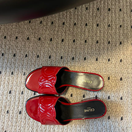 CLEMENCE MULE IN RUBY RED LAMBSKIN AND PATENT CALFSKIN