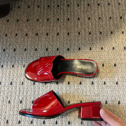 CLEMENCE MULE IN RUBY RED LAMBSKIN AND PATENT CALFSKIN