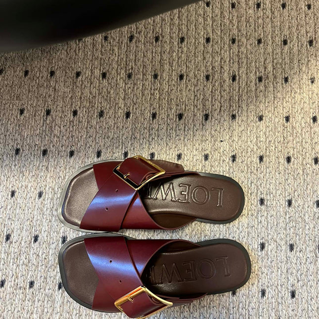 PETAL BELT FLAT SANDAL IN SANGRIA RED CALFSKIN