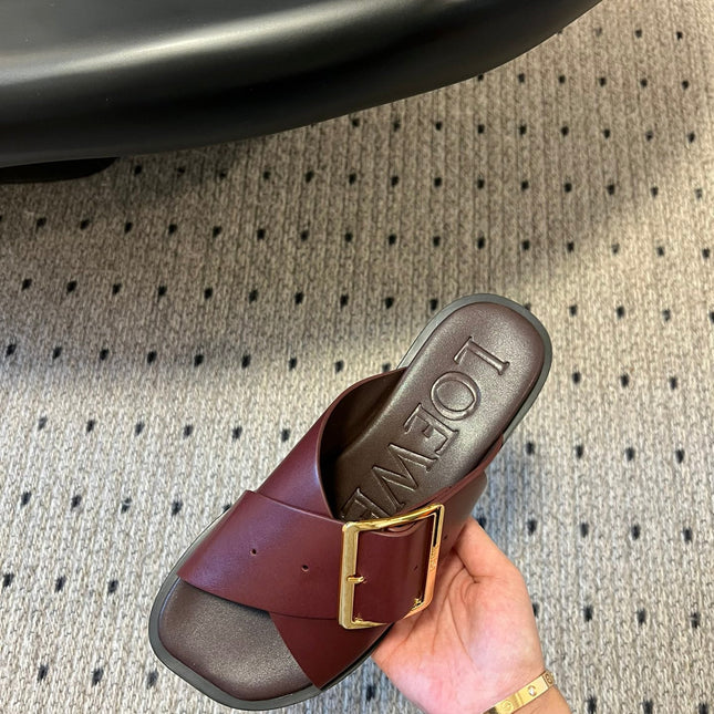 PETAL BELT FLAT SANDAL IN SANGRIA RED CALFSKIN