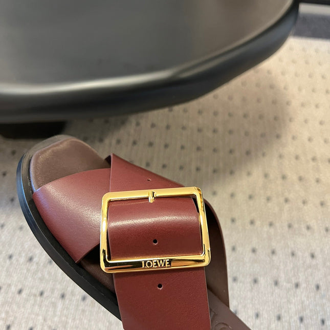 PETAL BELT FLAT SANDAL IN SANGRIA RED CALFSKIN