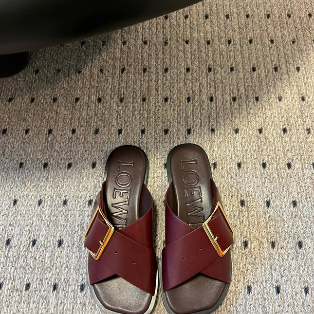 PETAL BELT FLAT SANDAL IN SANGRIA RED CALFSKIN