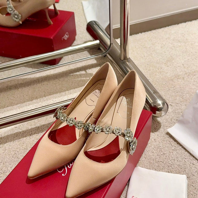 EFFLORESCENCE MARY JANE PUMPS IN TAN BEIGE SILK