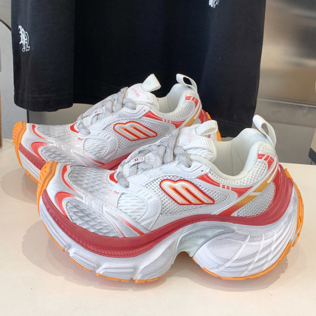 DAD SHOES IN RED ORANGE AND DUST WHITE MESH AND CALFSKIN