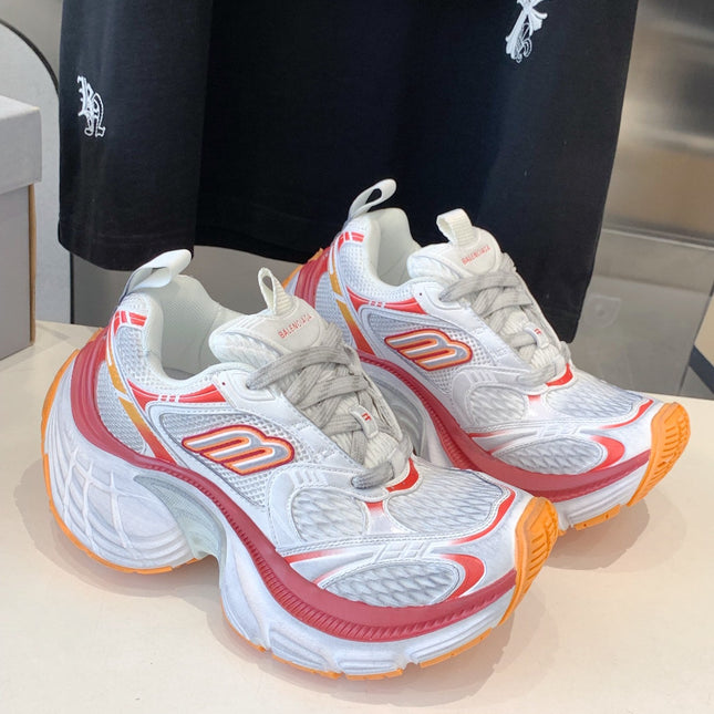 DAD SHOES IN RED ORANGE AND DUST WHITE MESH AND CALFSKIN