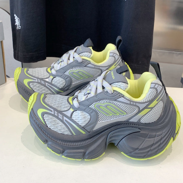 DAD SHOES IN GRAY MIX NEON GREEN MESH AND CALFSKIN