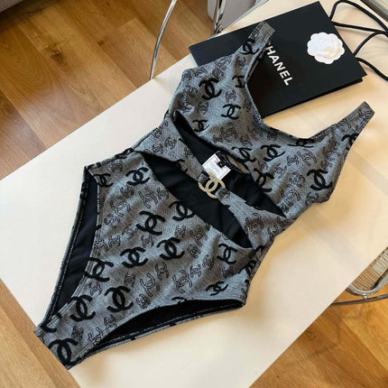 SWIMSUIT IN GREY AND BLACK PRINTED LOGO 626006