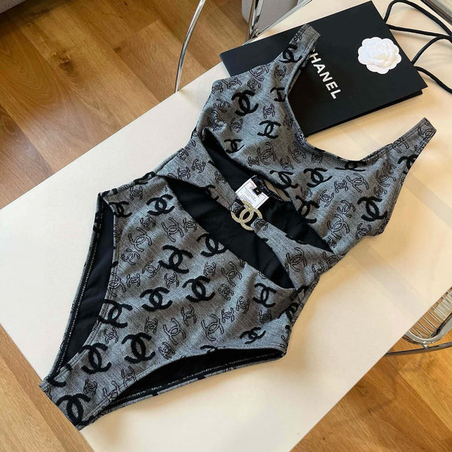 SWIMSUIT IN GREY AND BLACK PRINTED LOGO 626006