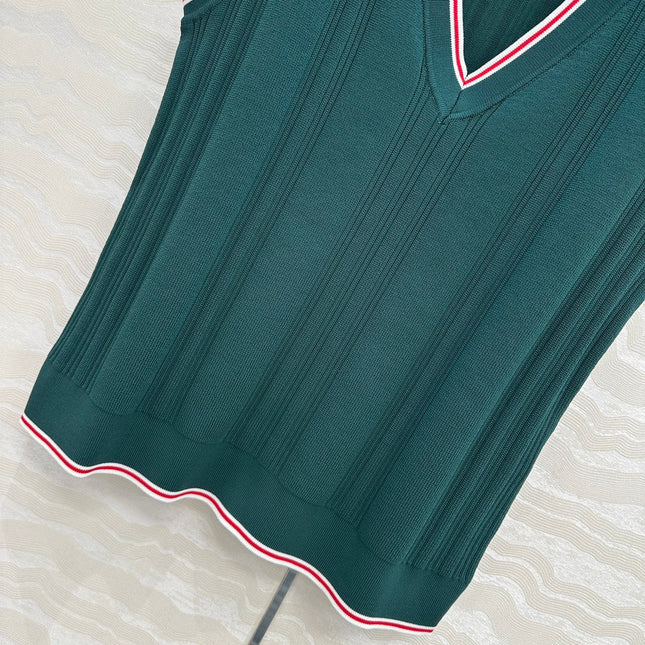 GUCCI V-NECK SLEEVELESS KNIT TOP IN DEEP SEA GREEN